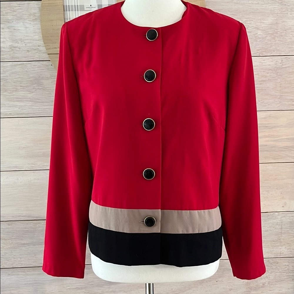 Leslie Fay Elegant Red Women's Jacket with Black and Tan Accents 12 Petite